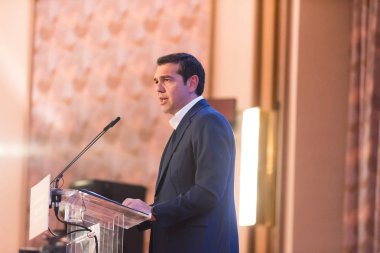 RHODES, DODECANESE / GREECE 17 Nisan: Başbakan Alexis Tsipras 17 Nisan 2018 'de Yunanistan' ın Rodos kentinde düzenlenen kapanış töreninde Güney Ege Bölgesel Kalkınma Konferansında konuşma yaptı.
