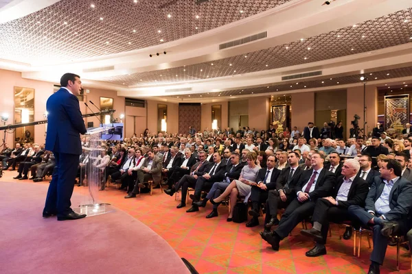 Rhodes Dodecanese Grecia Abril Primer Ministro Alexis Tsipras Habla Conferencia —  Fotos de Stock