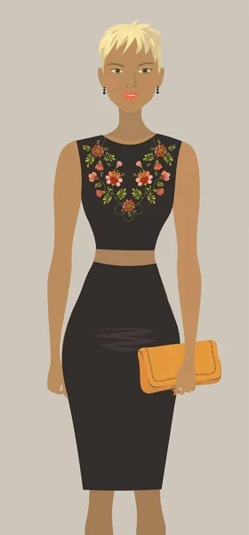 黒刺繍ドレスのファッションモデル. — ストックベクタ