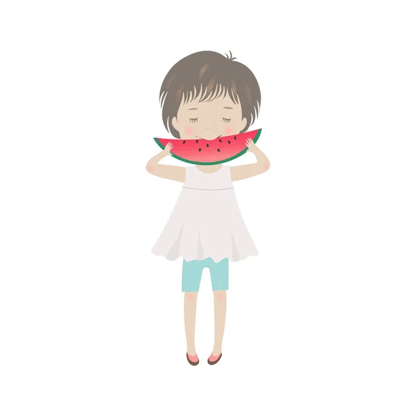 かわいい漫画のスイカを食べる少女 — ストックベクタ