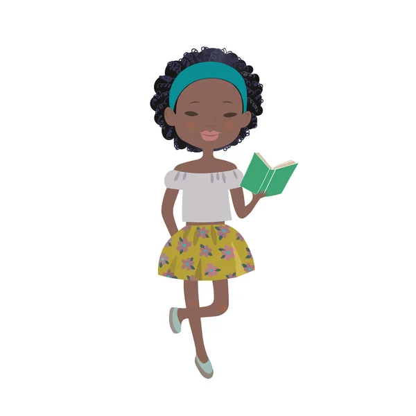 Une jolie bande dessinée afro-américaine fille lisant un livre — Image vectorielle