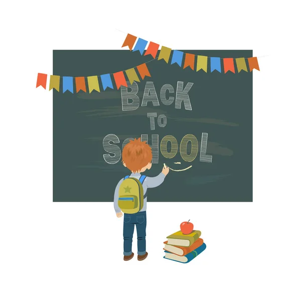 Terug naar school achtergrond met een schoolbord en een jongen — Stockvector