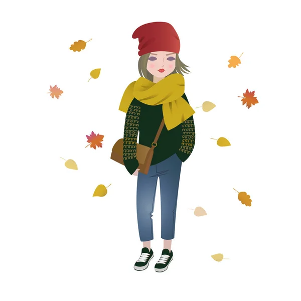 Menina dos desenhos animados de moda bonito vestindo roupa de outono na moda —  Vetores de Stock