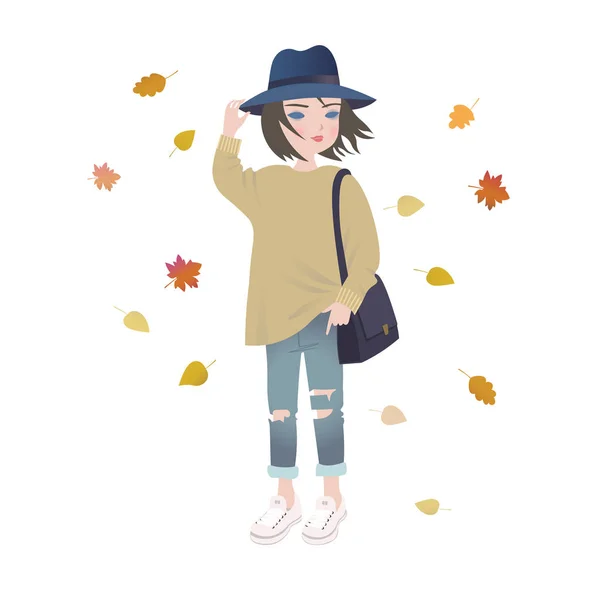 Menina dos desenhos animados de moda bonito vestindo roupa de outono na moda —  Vetores de Stock