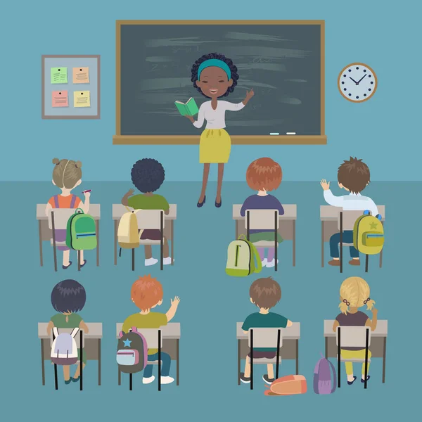 Teachers day background. School lesson. Little students and african american teacher in a classroom. — Stock Vector