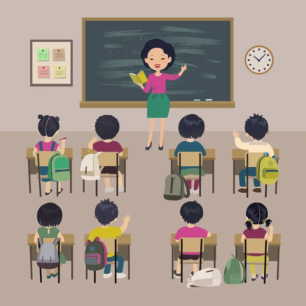 Docenten dag achtergrond. School les. Weinig studenten en Aziatische leraar in een klaslokaal. — Stockvector