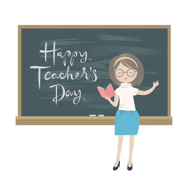 Tanárok napja üdvözlőlap. A tanár állt egy iskolatábla? — Stock Vector