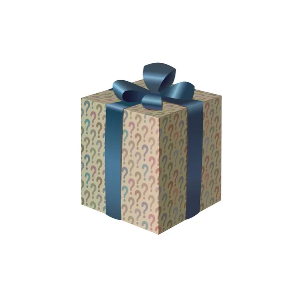 Una colorida caja de regalo con arco y signos de interrogación — Vector de stock