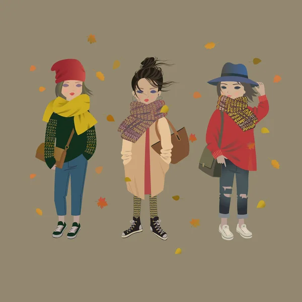 Meninas da moda em roupas de outono na moda. Bonito rua estilo modelos . —  Vetores de Stock