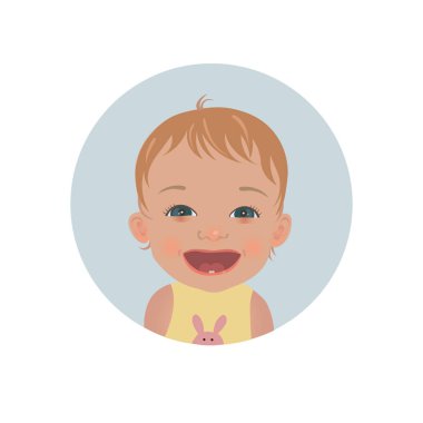 Mutlu bebek güçlü duygu. Gülümseyen çocuk emoji. Şirin neşeli yürümeye başlayan çocuk gülen. 