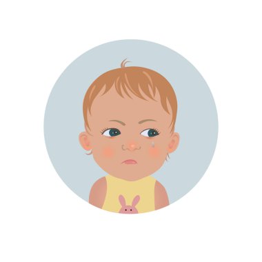 Küskün çocuk güçlü duygu. Şirin rahatsız bebek emoji. Şikayetçi yürümeye başlayan çocuk smiley ifade.