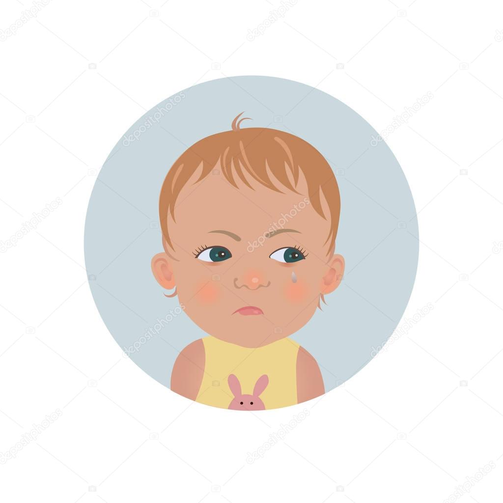 Resentful child emoticon. Cute offended baby emoji. Discontent toddler smiley expression.