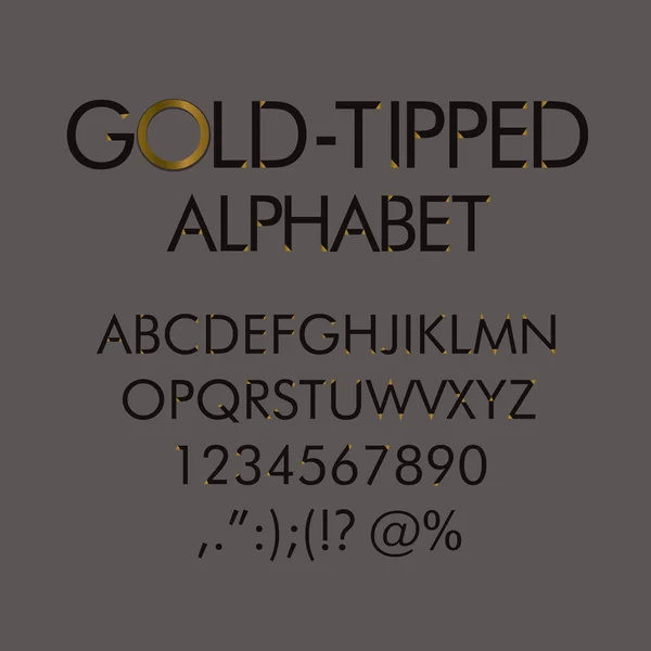 Gold-tipped alphabet with numbers and punctuation marks. — Stock Vector