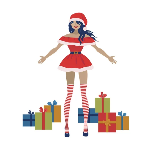 Γυναίκα Αϊ Βασίλη με κουτιά δώρων. Σέξι κορίτσι φορώντας Santa ντύνονται με τα Χριστούγεννα παρουσιάζει. — Διανυσματικό Αρχείο