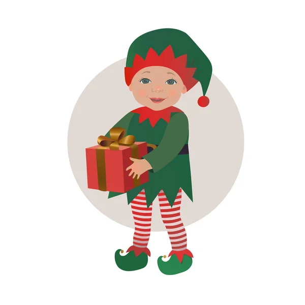 Cute baby wearing Christmas elf costume holding gift box — Stock Vector