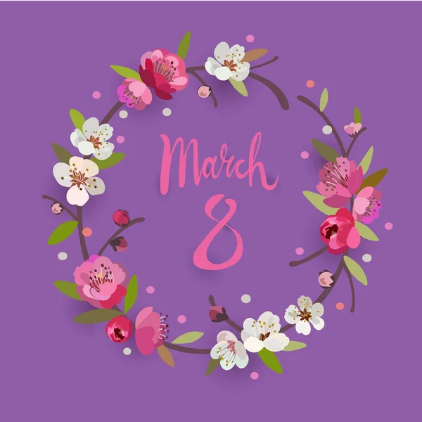 8 maart Vrouwendag dag wenskaart met een bloemen krans frame. — Stockvector