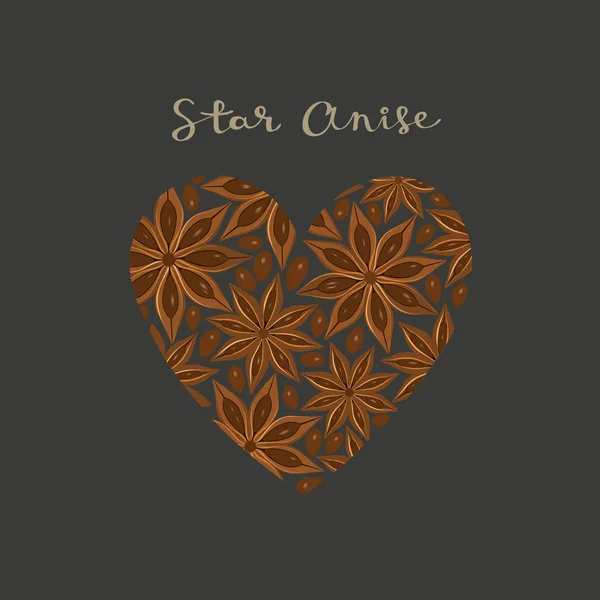 Star Anise tempero em forma de coração no fundo preto . —  Vetores de Stock