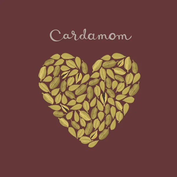 Cardamome gousses en forme de coeur sur le fond marron — Image vectorielle