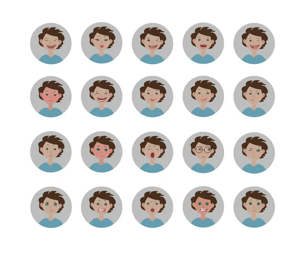 Emozioni avatar. Un insieme di espressioni facciali. Icone emoji stile cartone animato . — Vettoriale Stock