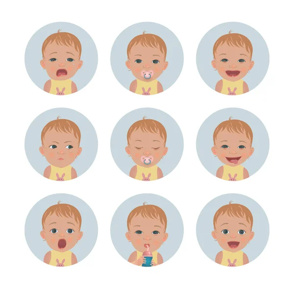 Baby avatars. Emoties van het kind. Set van peuter gezichtsuitdrukkingen. Stijl stripfiguren. — Stockvector