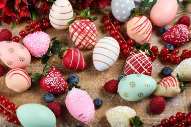 Çikolata soslu çilekli tatlı karışımı Sevgililer Günü için ideal, Anneler Günü, Kadınlar Günü, brunch büfesi, doğum günü ya da isim günü kutlama partisi, bahar çiçekli romantik çikolata