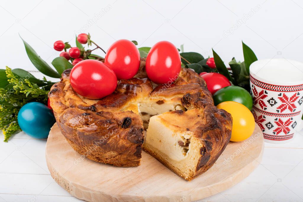 Traditional Romanian Easter table Sweetbread and Matzo an unleavened flat bread that is part of Jewish cuisine and forms an integral element of the Passover. Happy Easter