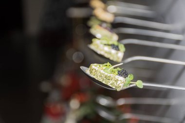 Lezzetli kanepeler havyar ve krem peynirli aperatiflerle aynı hizada, beyaz arka planda izole edilmiş, otel kahvaltısı sırasında atıştırmalıklar, yemek servisi, görsel teşhir.