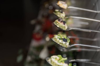 Lezzetli kanepeler havyar ve krem peynirli aperatiflerle aynı hizada, beyaz arka planda izole edilmiş, otel kahvaltısı sırasında atıştırmalıklar, yemek servisi, görsel teşhir.