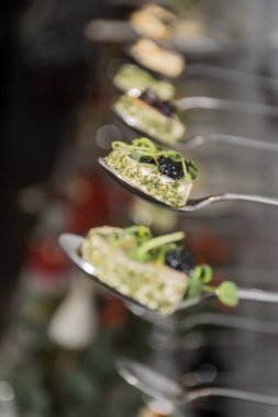 Lezzetli kanepeler havyar ve krem peynirli aperatiflerle aynı hizada, beyaz arka planda izole edilmiş, otel kahvaltısı sırasında atıştırmalıklar, yemek servisi, görsel teşhir.