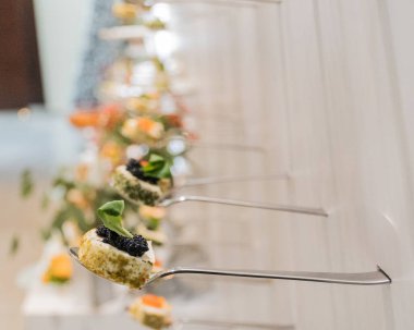 Lezzetli kanepeler havyar ve krem peynirli aperatiflerle aynı hizada, beyaz arka planda izole edilmiş, otel kahvaltısı sırasında atıştırmalıklar, yemek servisi, görsel teşhir.