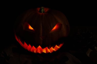 Korkunç ve ürkütücü el, Cadılar Bayramı balkabağı oyması içinde alevler ve sonbahar yaprakları ve konileri olan koyu siyah arka plan. Festivalsel görsel temsil kartları için metin ve boşluk kopyala