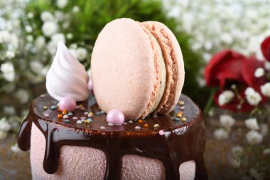 Taze lüks çikolata damlayan pasta, en üstteki tatlı üzerine badem kurabiyesi. Yemek Yiyen Parti Paylaşım Konsepti. Anneler Günü, Sevgililer Günü, Kadınlar Günü, Doğum günün kutlu olsun. İştah açıcı, eğlenceli, renkli