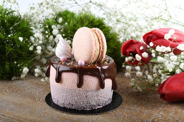 Torta Gocciolante Cioccolato Fresco Lusso Macaron Sul Dolce Superiore Catering — Foto Stock