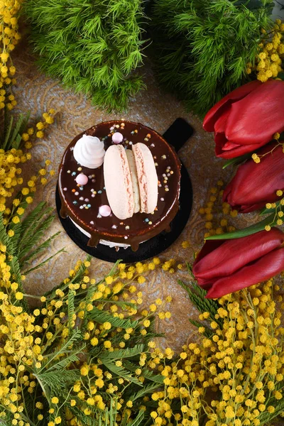 Fresh luxury chocolate dripping cake , macaroon on top dessert. Catering Dining Eating Party Sharing Concept. Mother's Day, Valentine Day, Woman's Day, Happy Birthday. Appetizing tasty, fun, colorful