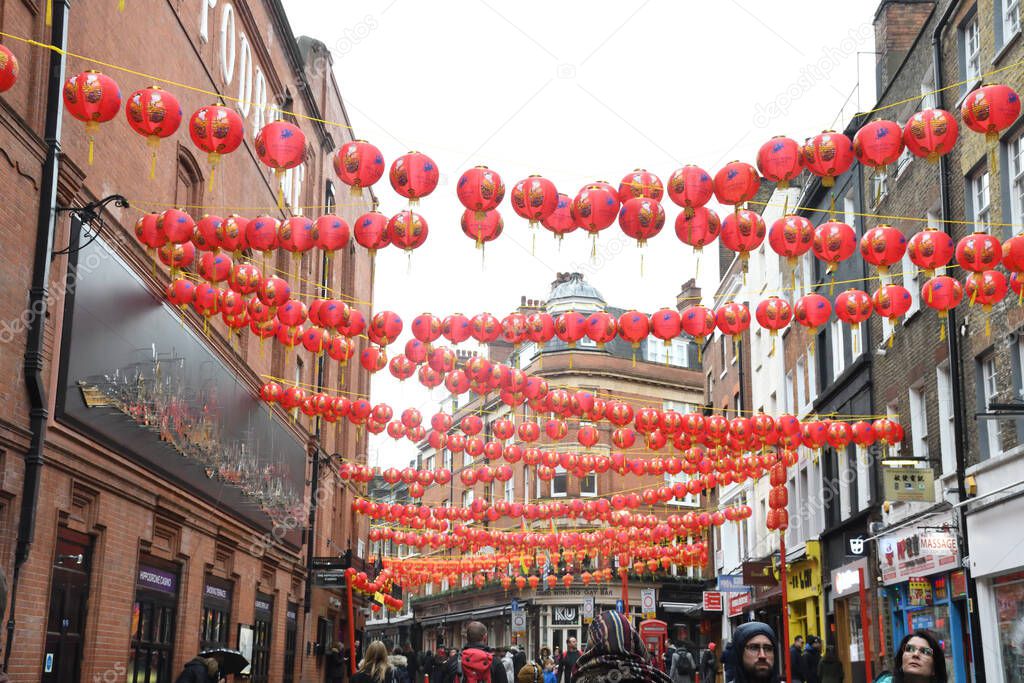 London, United Kingdom, 25th of January 2020: Chinese red lanterns illuminated lamps hanging during Chinese New Year's celebration