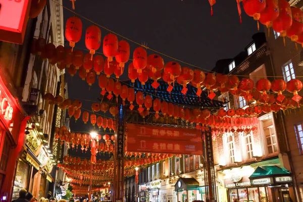 Londres Reino Unido Janeiro 2020 Lanternas Vermelhas Chinesas Iluminadas Lâmpadas — Fotografia de Stock