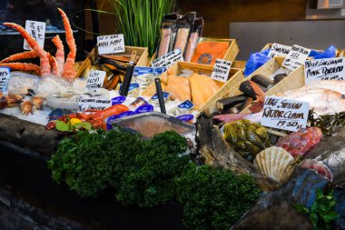 Pazarda buzda taze deniz ürünleri.