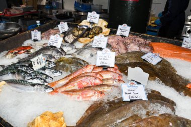 Pazarda buzda taze deniz ürünleri.