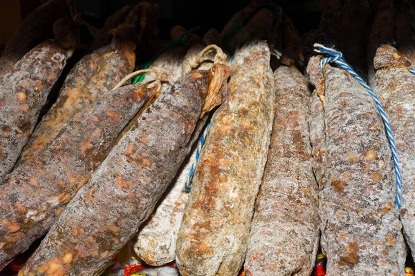 Sausages on Borough market in London. Sausages is large thick French sausages, typically form in texture and flavored with herbs.