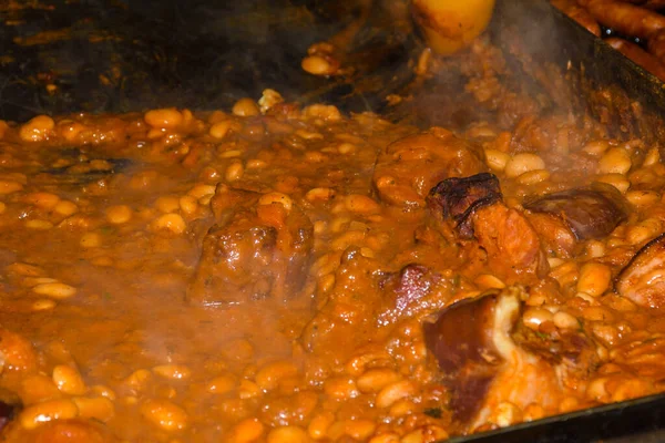 Fasole Tocană Chili Sin Carne Oală Mare Foc Gătit Timpul — Fotografie, imagine de stoc