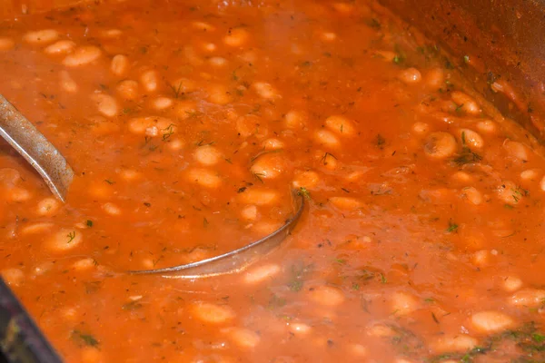 Guiso Frijoles Chile Sin Carne Olla Grande Cocina Durante Festival —  Fotos de Stock