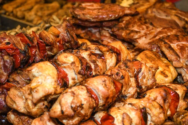 Assortiti Deliziosa Carne Alla Griglia Con Verdure Banco Evento Barbecue — Foto Stock