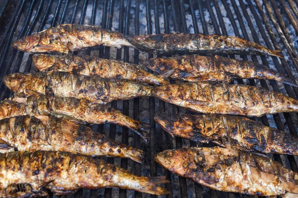 Pescado Recién Parrilla Mostrador Durante Festival Mariscos Mercado Alimentos Callejeros — Foto de Stock