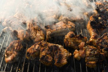 Izgarada et var. Şefin pişirdiği ızgara taze tavuk eti büyük bir tavada, açık havada barbekü konsepti. Tavuk külotlu çorabı, kanatları, göğsü, piknik sırasında veya aile etkinliğinde servis edilmeye hazır.