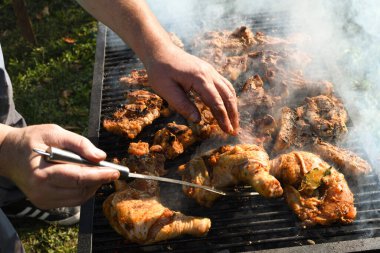 Izgarada et var. Şefin pişirdiği ızgara taze tavuk eti büyük bir tavada, açık havada barbekü konsepti. Tavuk külotlu çorabı, kanatları, göğsü, piknik sırasında veya aile etkinliğinde servis edilmeye hazır.