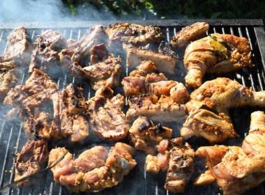 Izgarada et var. Şefin pişirdiği ızgara taze tavuk eti büyük bir tavada, açık havada barbekü konsepti. Tavuk külotlu çorabı, kanatları, göğsü, piknik sırasında veya aile etkinliğinde servis edilmeye hazır.