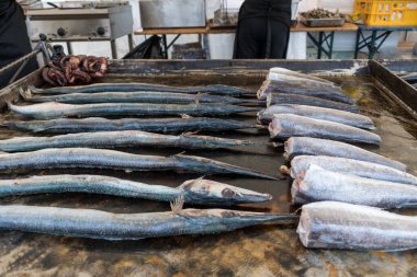 Izgara tahtasında taze çiğ balık, deniz ürünleri festivali sırasında, sokak yemekleri pazarında. Kızıl deniz levreği, alabalık, kılıç balığı, çeşitli deniz ürünleri çeşitleri yakın çekim, üst manzara. Balığın tamamı ızgarada pişmemiş.