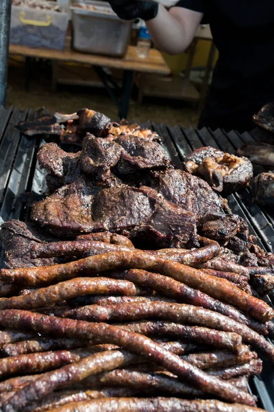 Carne Fresca Parrilla Embutidos Cerdo Pollo Picado Carne Mici Durante — Foto de Stock