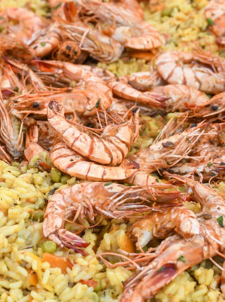 Paella Mariscos Cocinada Gran Wok Sartén Festival Comida Callejera Fiesta — Foto de Stock