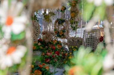 El yapımı buğday yaprakları. Yaz Çiçekleri. Bir buket yabani çiçek, üst manzara, fotokopi alanı. Yaz ya da çevre dostu yaşam tarzı konsepti.
